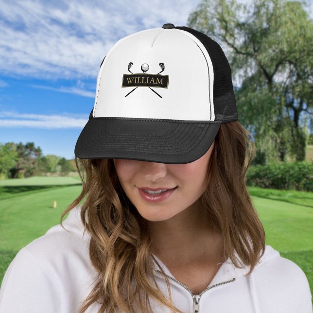 Gorra De Camionero Nombre Personalizado Black Gold Golf Ball And Club (Personalized Name Black Gold Golf Ball And Clubs Trucker Hat)