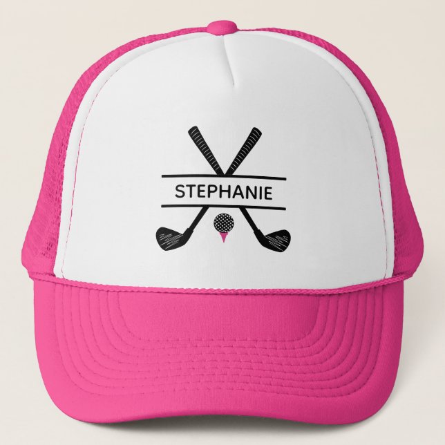 Gorra De Camionero Nombre personalizado Golf rosa blanco negro (Anverso)