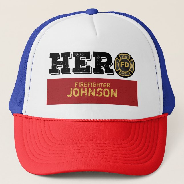 Gorra De Camionero Nombre personalizado, héroe de bomberos (Anverso)