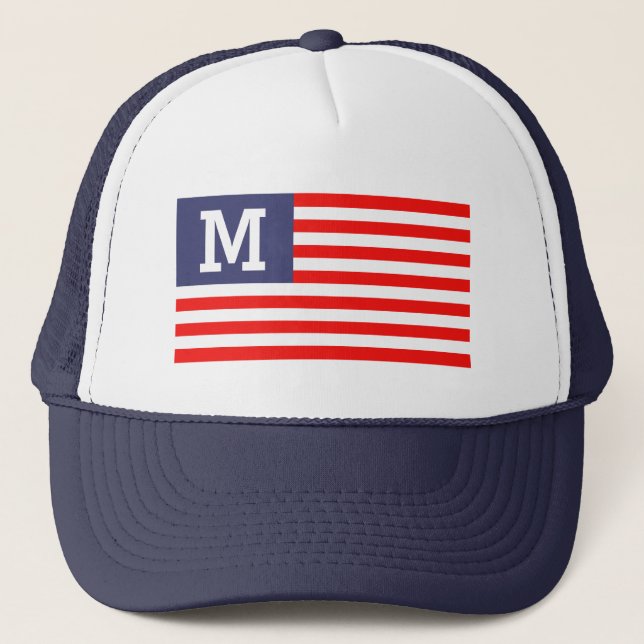 Gorra De Camionero Nombre personalizado Monograma bandera patriótica  (Anverso)