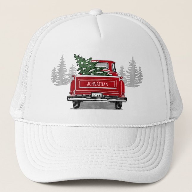 Gorra De Camionero Nombre Rústico del árbol de navidad del camión roj (Anverso)