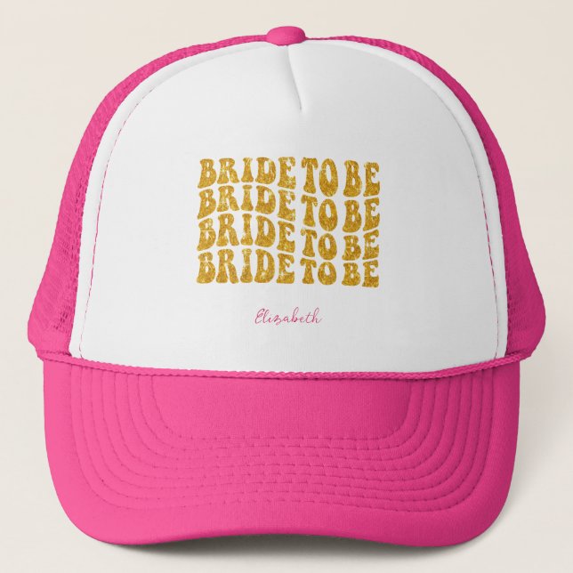 Gorra De Camionero Novia para ser Purpurina de oro Texto con nombre,  (Anverso)