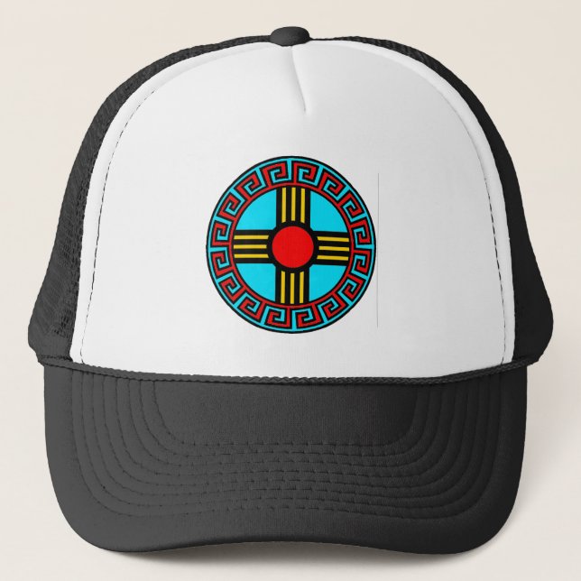 Gorra De Camionero Nuevo México y Nativo Zia Sun Dios Símbolo (Anverso)