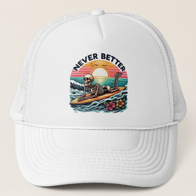 Gorra De Camionero Nunca Mejor - Skeleton Surfing Sunset Wave Design (Anverso)