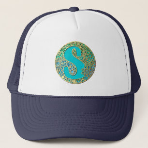 Gorra De Camionero Oro, Turquesa Monograma S y Flores Coloridas