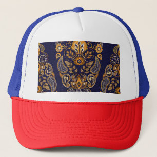 Gorra De Camionero Oro y azul, floral sin costuras.