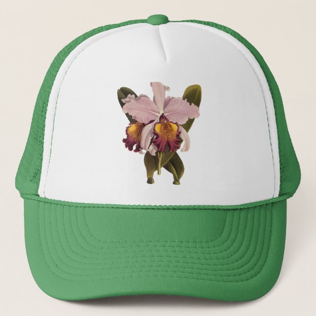 Gorra De Camionero Orquídea de Cattleya púrpura de época, flores trop (Anverso)