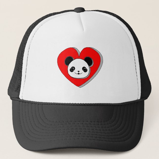Gorra De Camionero Oso De Panda Y Dibujo De Corazón Rojo (Anverso)