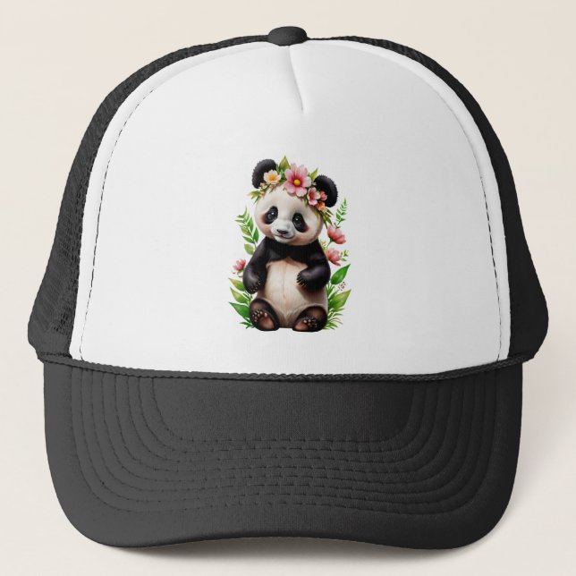 Gorra De Camionero Oso Panda Transparente Con Flores (Anverso)