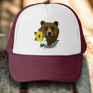 Gorra De Camionero Oso Pardo Flores Azules Pluma Vida Silvestre