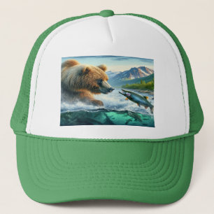 Gorra De Camionero Osos pardos con salmón de trucha de la cabeza de v