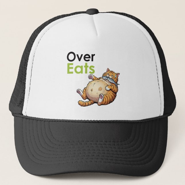 Gorra De Camionero Over Eats - Funny Fat Cat Eating Fish Cartoon (Anverso)