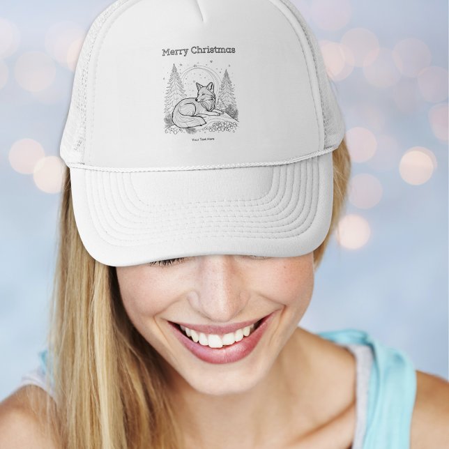 Gorra De Camionero Paisaje de vida silvestre de Fox Line Art (A personalized festive trucker hat with winter fox design and 'Merry Christmas' words)