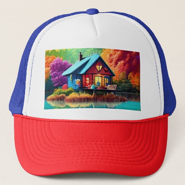 Gorra De Camionero Paisaje natural con cabaña y lago-38566 (Anverso)
