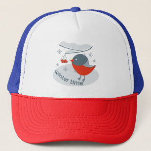 Gorra De Camionero Pájaro bullfinch de invierno y bayas rojas