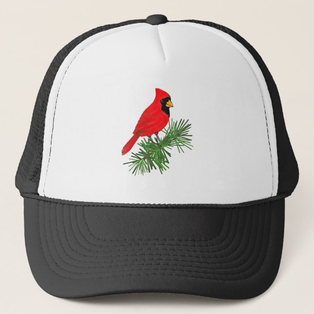 Gorra De Camionero Pájaro cardenal rojo en árbol de pino (Anverso)