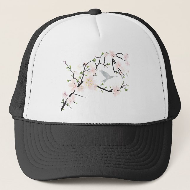 Gorra De Camionero Pájaro de flores rosadas (Anverso)