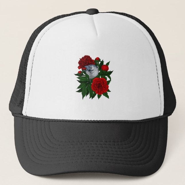 Gorra De Camionero Pájaro en un ramo de peonía rojo (Anverso)