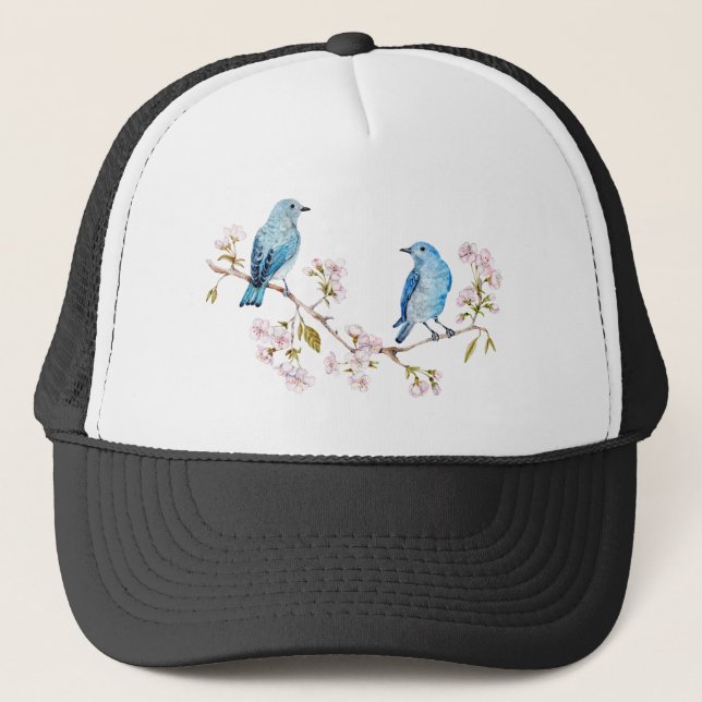Gorra De Camionero Pájaros azules de montaña en la rama de Sakura (Anverso)