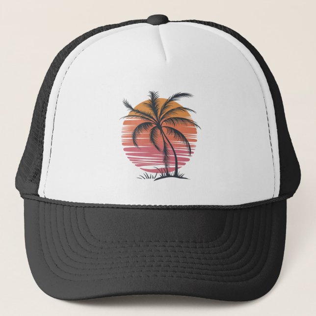 Gorra De Camionero Palm Tree - Retro Estilo Tropical Beach sunset (Anverso)