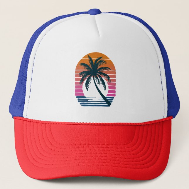 Gorra De Camionero Palm Tree - Retro Estilo Tropical Beach sunset (Anverso)