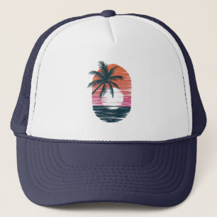 Gorra De Camionero Palmera - Estilo Retro Atardecer de Playa Tropical