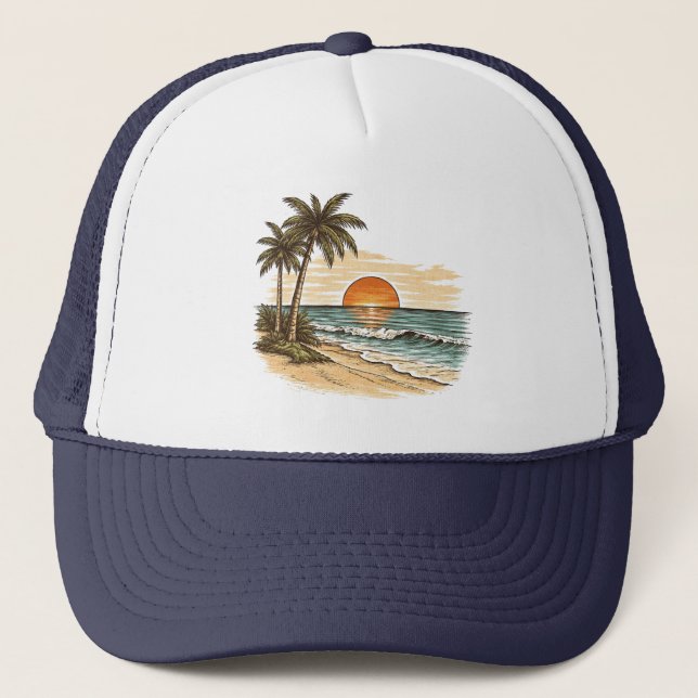 Gorra De Camionero Palmera - Estilo Retro Playa Tropical Sol Verano  (Anverso)