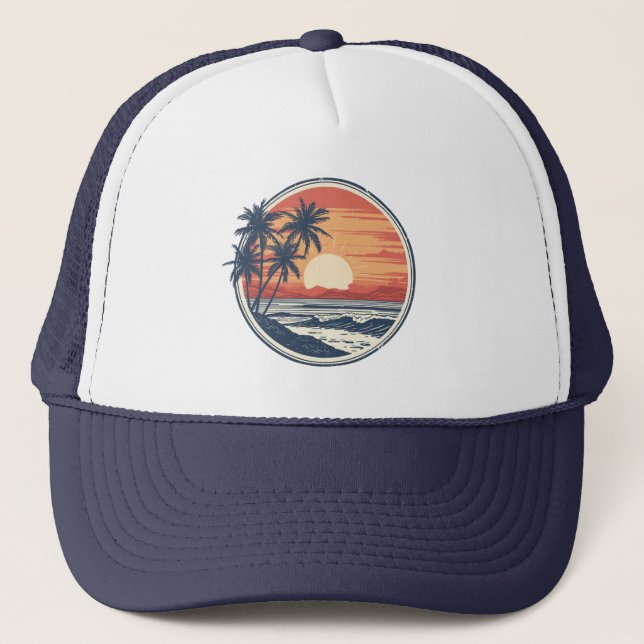 Gorra De Camionero Palmera - Estilo Retro Playa Tropical Sol Verano  (Anverso)