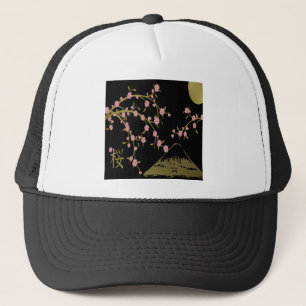Gorra De Camionero Pantalla Japonesa Rosa Sakura Dorado Negro