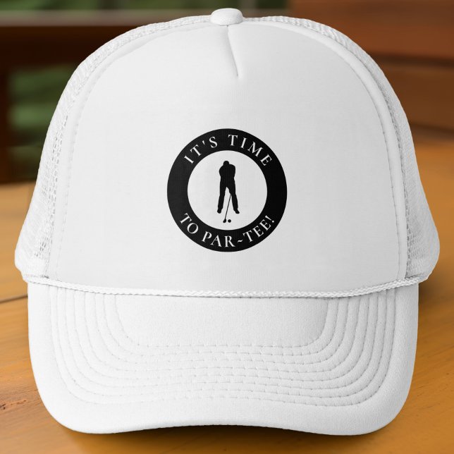Gorra De Camionero Par Tiempo Divertido Hombre Golfista Para Él (Black mesh hat with Par-Tee golfer logo—fun, bold, and perfect for tournaments or gifting.)