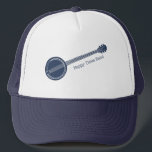 Gorra De Camionero Para los jugadores de banjo Mensaje de Personaliza<br><div class="desc">Añade el nombre de tu banda de bluegrass,  tu propio eslogan gracioso o el nombre de tu jugador de banjo favorito para crear un gorra amable. Este gorra presenta un ilustracion de un banjo azul marino con tu propio mensaje escrito en coordinación con letras azules.</div>