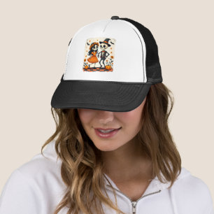 Gorra De Camionero Pareja de esqueletos lindos de Halloween en naranj