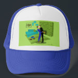 Gorra De Camionero Pareja gay retro enamorada<br><div class="desc">Este diseño de Pareja Gay Retro en Amor es la mezcla perfecta de pasión y kitsch. El diseño de arte minimalista, al estilo de los años 60, cuenta con una atractiva pareja gay besándose en medio de una casa con cápsulas de tiempo impecablemente decorada. La chimenea de ladrillo verde limón...</div>
