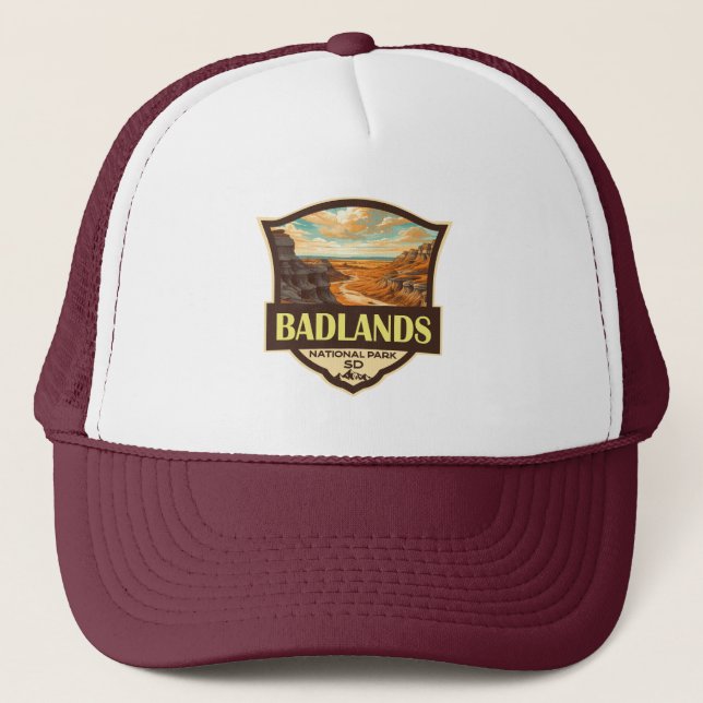 Gorra De Camionero Parque nacional Badlands Ilustracion Retro (Anverso)