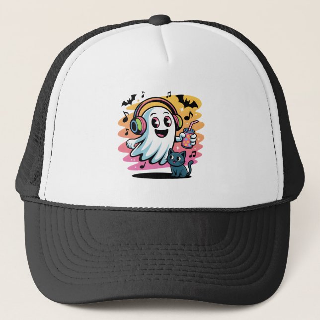 Gorra De Camionero Party Ghost with Cat Cute Halloween Cartoon (Anverso)
