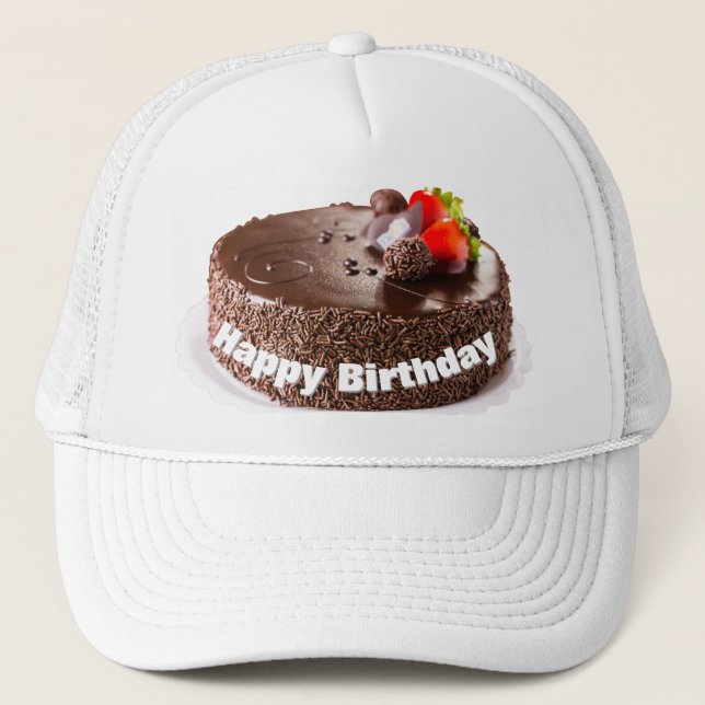 Gorra De Camionero Pastel negro feliz cumpleaños con fresas (Anverso)