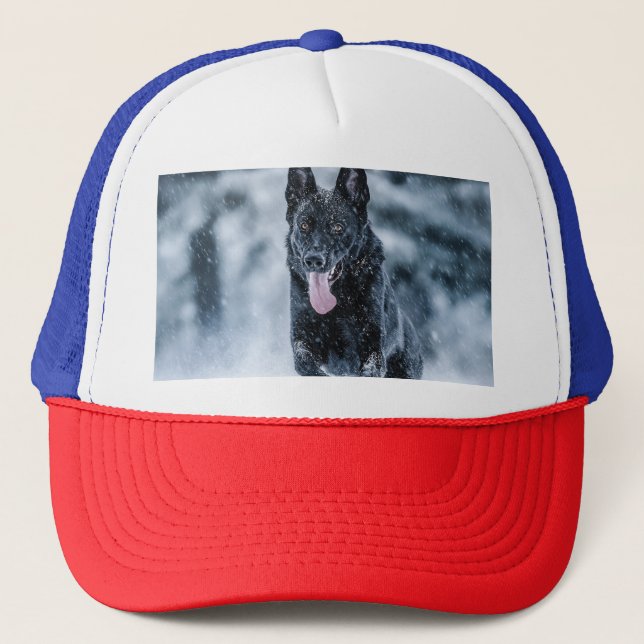 Gorra De Camionero Pastor alemán negro con cubierta de Duvet de nieve (Anverso)