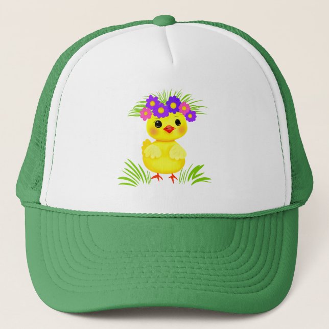 Gorra De Camionero Pato amarillo pequeño con flores (Anverso)