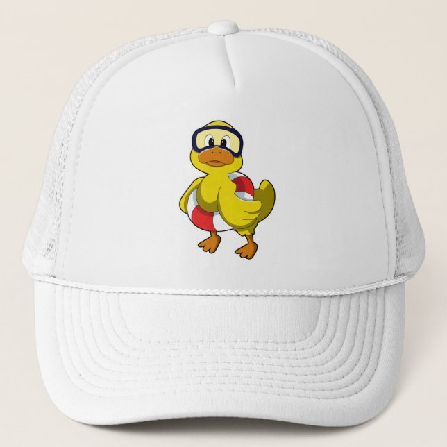 Gorra De Camionero Pato en Natación con anillo de natación y gafas de (Anverso)