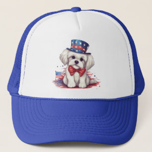 Gorra De Camionero Patriótico perro cachorro blanco del 4 de julio-43