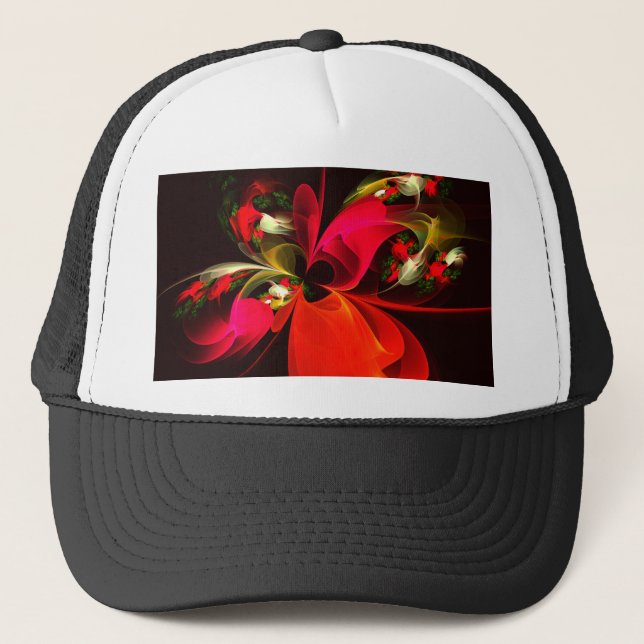 Gorra De Camionero Patrón de arte abstracto rojo verde floral moderno (Anverso)
