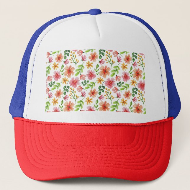 Gorra De Camionero Patrón de flores rosadas en acuarela (Anverso)