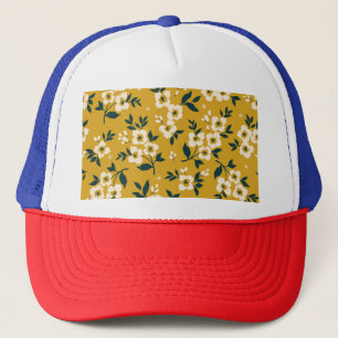 Gorra De Camionero Patrón floral vintage, flores blancas pequeñas.