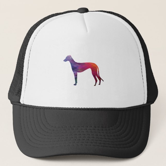 Gorra De Camionero Patrón geométrico de Greyhound Silhouette Purple (Anverso)