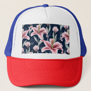 Gorra De Camionero Patrón sin foco de flor rosa Lilly.