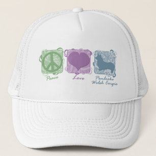 Gorra De Camionero Paz, amor, y Corgis en colores pastel Galés del