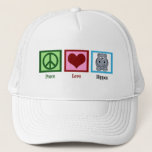 Gorra De Camionero Peace Love Hippos Cute Hippo<br><div class="desc">Un signo de paz,  corazón,  y un lindo hipopótamo en un divertido gorra para un equipo de mascotas de hipopótamos. Me encantan los animales adorables y regordetes. Peace Love Hippos cap.</div>