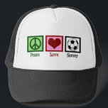 Gorra De Camionero Peace Love Soccer<br><div class="desc">Tanto los hinchas de fútbol como los jugadores de fútbol se reunieron para ver la asombrosa Copa Mundial 2010. Ya sea que seas una madre de fútbol o profesional del fútbol,  te encantará este diseño. Paz Amor Fútbol.</div>