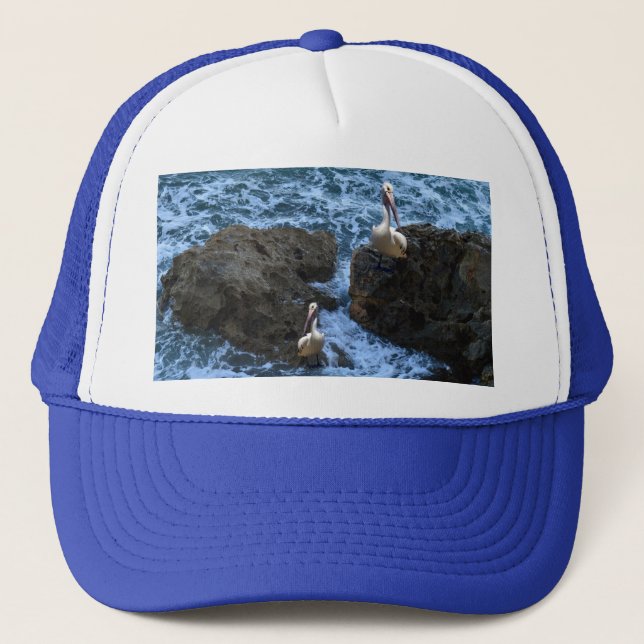 Gorra De Camionero Pelícanos Sobre Rocas Marinas, (Anverso)