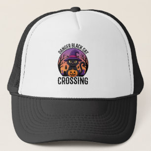 Gorra De Camionero Peligro de Halloween Gato Negro Cruzando